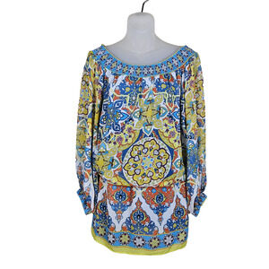 Nicole Miller Boho Tunic Blouse Mini Dress Womens XL Medallion Off Shoulder Art